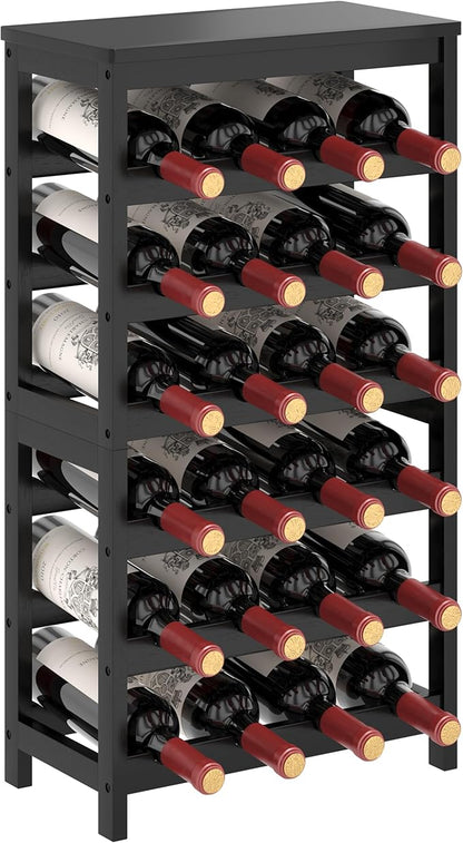 6 Tier Bamboo Wine Rack Freestanding Floor, 24 Bottles Wine Storage Shelves with Table Top, Stackable Wine Display Rack for Kitchen, Bar, Dining Room, Black