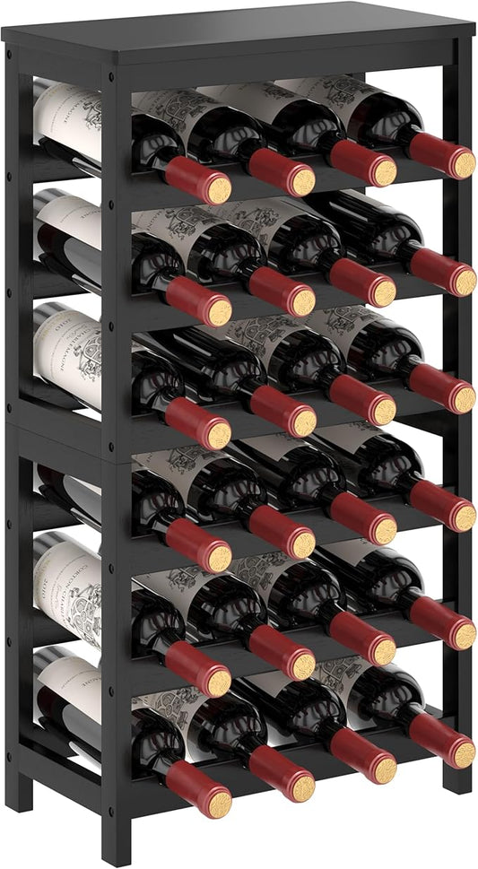 6 Tier Bamboo Wine Rack Freestanding Floor, 24 Bottles Wine Storage Shelves with Table Top, Stackable Wine Display Rack for Kitchen, Bar, Dining Room, Black