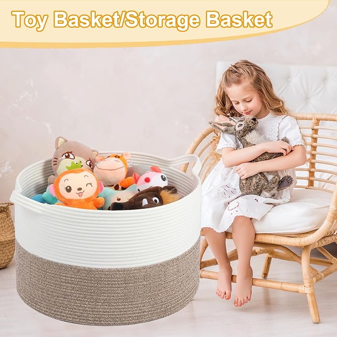 Large Laundry Basket 22''x14''Woven Cotton Rope Baby Blanket Basket for Living Room Girl Laundry Hamper Toy storage Baby basket Nursery Hamper Storage Bin (White+Brown)