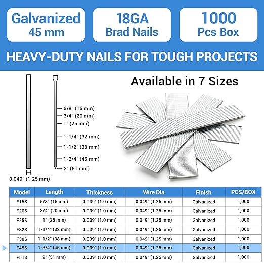 meite 18 Gauge Brad Nails, 1-3/4 Inch 18GA Brad Nails Galvanized Small Finishing Nail Gun Nails for Pneumatic, Electric Brad Nailer Gun (1,000 Counts)