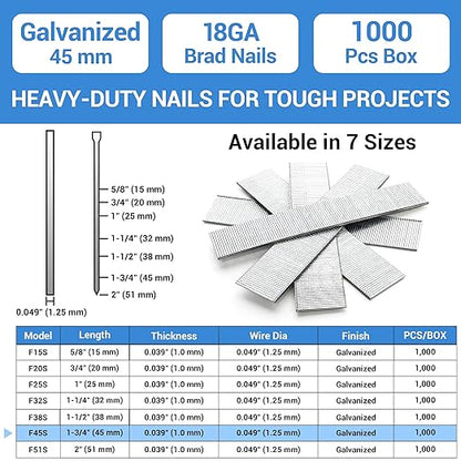 meite 18 Gauge Brad Nails, 1-3/4 Inch 18GA Brad Nails Galvanized Small Finishing Nail Gun Nails for Pneumatic, Electric Brad Nailer Gun (1,000 Counts)