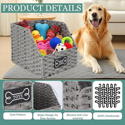 Dog Toy Storage Basket,Rattan Weave Organizer Bin for Dogs Cats,Collapsible Puppy Toys Box with Wire Frame, Easy-Access(Grey)