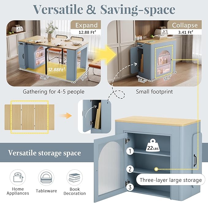 Extendable Dining Table with Storage Cabinet, 15.6" to 59" Rolling Kitchen Island Table with Power Outlet & LED Lights, Space Saving Dining Table for Small Spaces, Blue