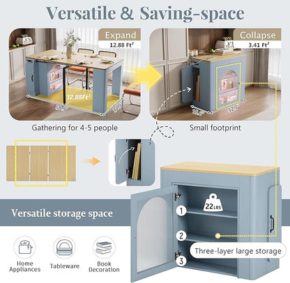 Extendable Dining Table with Storage Cabinet, 15.6" to 59" Rolling Kitchen Island Table with Power Outlet & LED Lights, Space Saving Dining Table for Small Spaces, Blue