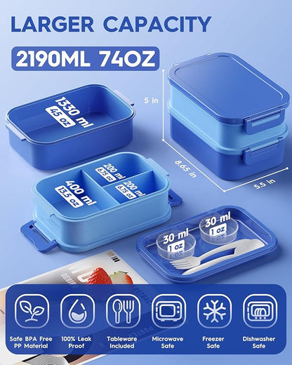 Adults Bento Lunch Box Set with Thermo Bag, 74oz Stackable Leak-proof 3-tiers Bento Box, Built-in Utensil and Sauce Container for Work, School, Dining Out (Blue)