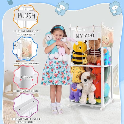 Stuffed Animal Storage Zoo with Wheels, Wooden Stuffed Animal Organizer with Elastic Cords, Space Saving Toy Plushies Storage Holder for Playroom, Bedroom, Living Room(White, Small)