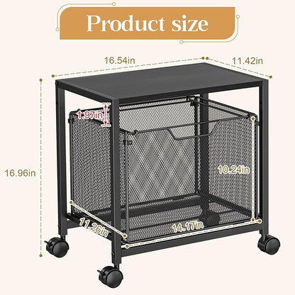 JKsmart Under Desk Storage, Printer Stand with Drawer, Rolling File Cabinet with Adjustable Table Top, 2 Tier Industrial Shelf on Fixed Feet Wheels, Sofa Side Table Organizer for Home, Office, Black
