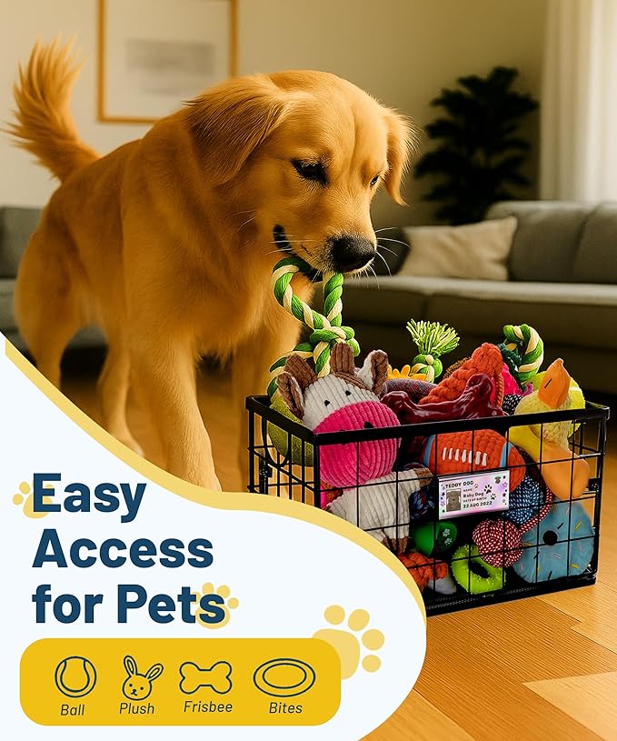 Dog Toy Basket, Dog Toy Storage Bin for Pet,Medium Toy Box for Dogs,Metal Storage Box with Handles,Toy Storage Organizer,Dog Toy Organizer Holder Boxes for Living Room（Black）