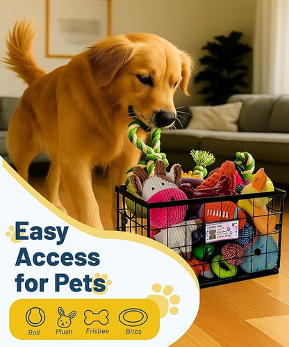 Dog Toy Basket, Dog Toy Storage Bin for Pet,Medium Toy Box for Dogs,Metal Storage Box with Handles,Toy Storage Organizer,Dog Toy Organizer Holder Boxes for Living Room（Black）
