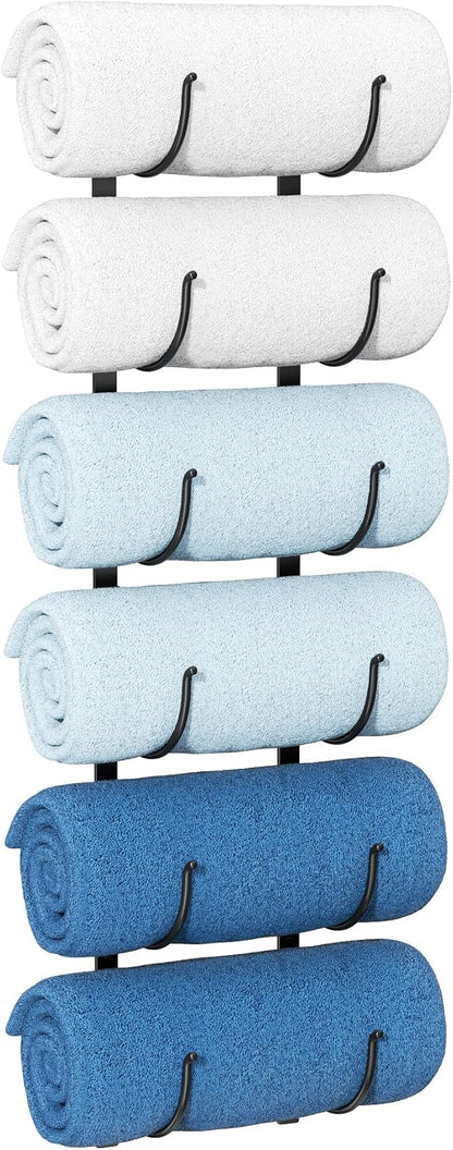 Bathroom Rolled Towel Rack: 6-Tier Wall Mounted Towel Storage Holder, Hanging Organizer for Towels, Blankets, Large Bath Sheets, Space Saving in RV, Closet, Toilet, Cabinet, Black
