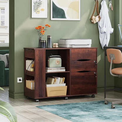 DEVAISE File Cabinet with Lock, 3 Drawer Rolling Mobile Lateral Filing Cabinets with Charging Station Printer Stand with Open Storage Shelves Fits A4 or Letter Size for Home Office Brown Oak