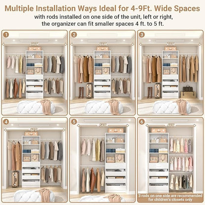 Aheaplus Closet System, 4-9Ft Closet Organizer with 4 Wooden Drawers, Wood Closet Organizer System with Tower, Walk-in Closet Organizer Wardrobe Clothes Rack with 4 Hanging Rods, Garment Rack, White