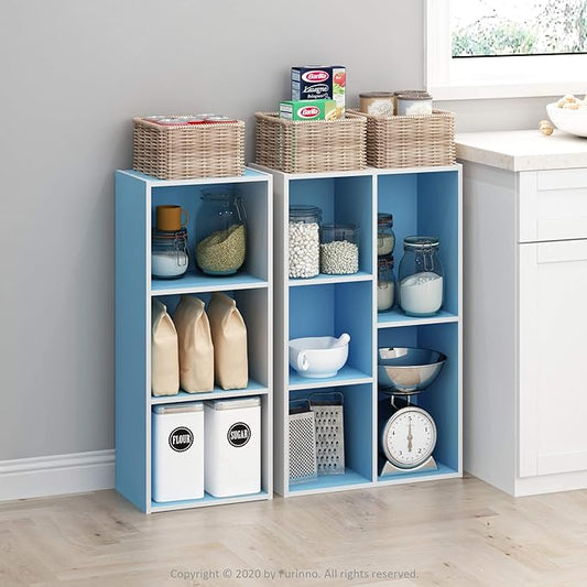 Furinno LUDER Book Shelf, 3-Cube Bookshelf, Bookcase with Open Shelves, 9.3 x 12 x 31.5, for Living Room, Bedroom, Home Office, White/Light Blue