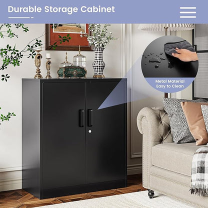 Metal Storage Cabinet, Garage Storage Cabinet with Locking Doors and Adjustable Shelves for Garage,Home,Office and School (Assembly Required，Black)