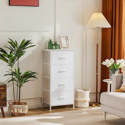 Sweetcrispy Dresser for Bedroom, Storage Drawers, Skinny Fabric Storage Tower with 4 Drawers, Tower Organizer Unit, Chest of Drawers with Wooden Top for Closet,Entryway,White