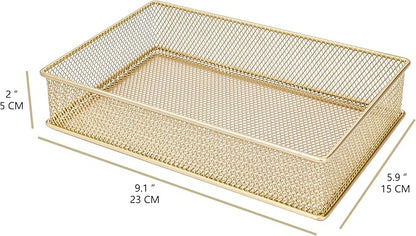Annova Mesh Stackable Drawer Cabinet and Shelf Organizer Bins Storage Basket School Office Supply Holder Tray- Set of 2 (Gold, 6x9x2 Inch)