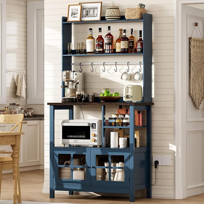 ChooChoo Farmhouse Coffee Bar Cabinet with Storage, Bakers Rack with Power Outlets, Microwave Stand Kitchen Cabinet with Hutch and 6 Hooks, Blue