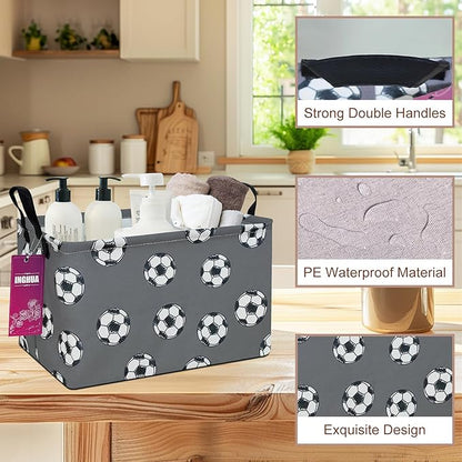Rectangular Storage Basket Fabric Organizer Bin for Toys,Books,Clothes,Gifts,Pets-Perfect for Home,Office,Nursery,Dorm,Shelf(Rec-grey football )