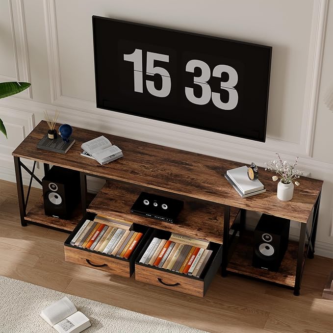 Garvee TV Stand with Fabric Drawers and Power Outlets for 75 70 65 Inch TV, TV Console Table, Entertainment Center with Open Storage Shelves for Living Room, Bedroom, Office, Rustic Brown