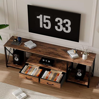 Garvee TV Stand with Fabric Drawers and Power Outlets for 75 70 65 Inch TV, TV Console Table, Entertainment Center with Open Storage Shelves for Living Room, Bedroom, Office, Rustic Brown