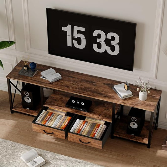 Garvee TV Stand with Fabric Drawers and Power Outlets for 75 70 65 Inch TV, TV Console Table, Entertainment Center with Open Storage Shelves for Living Room, Bedroom, Office, Rustic Brown