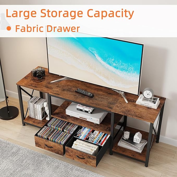 GYIIYUO TV Stand with Fabric Drawer for 50 55 Inches TV - Entertainment Center and Industrial TV Console Table with Open Storage Shelves for Living Room, Bedroom - 47" Rustic Brown