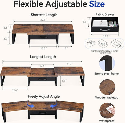 Desk Organizers and Accessories, Dual Monitor Stand Riser with Drawer, Computer Monitor Stand, Adjustable Desk Shelf for PC Laptop Printer TV, Brown
