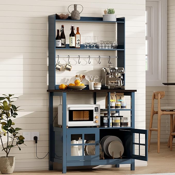 ChooChoo Farmhouse Coffee Bar Cabinet with Storage, Bakers Rack with Power Outlets, Microwave Stand Kitchen Cabinet with Hutch and 6 Hooks, Blue