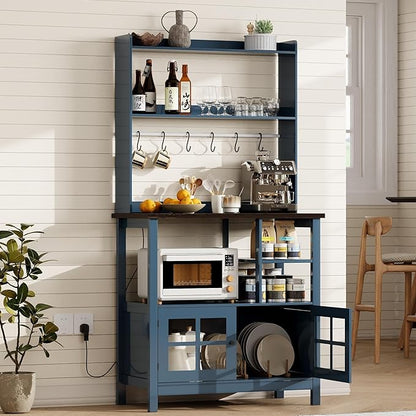 ChooChoo Farmhouse Coffee Bar Cabinet with Storage, Bakers Rack with Power Outlets, Microwave Stand Kitchen Cabinet with Hutch and 6 Hooks, Blue