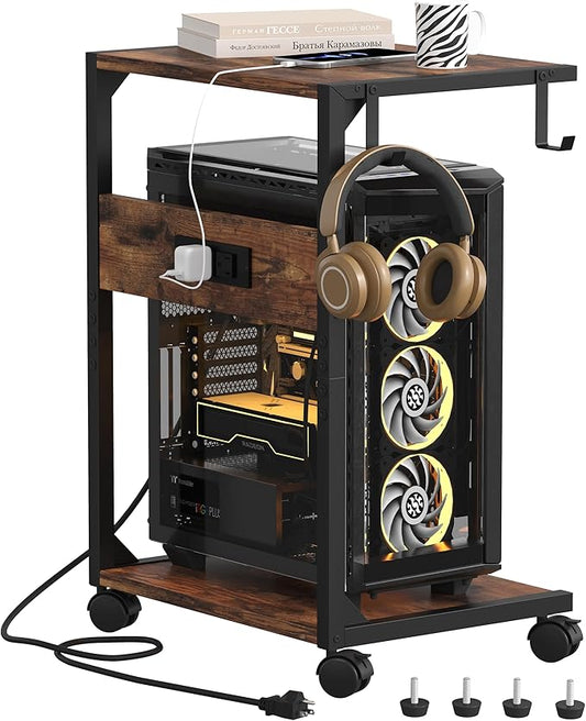 2 Tier Computer Tower Stand with Charging Station, 11.8" D x 16.5" W Rolling Floor PC Tower Stand Fits Under Desk, CPU Holder Cart for Carpet with Hooks, C Shaped End Table for Home Office