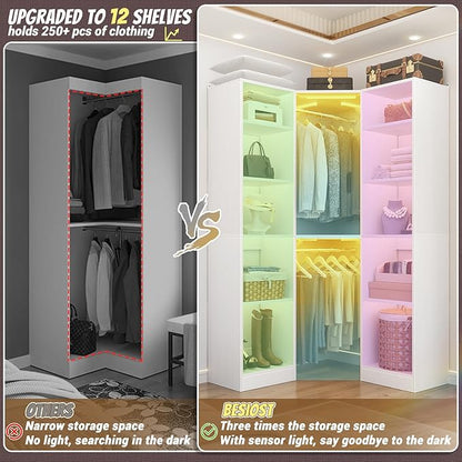 Corner Closet System with 2 Motion Sensor Lights, 39.2" Corner Closet Organizer with 12 Shelves, Closet Corner with 2 Hanging Rods, Versatile 6-Tier Walk-in Closets for Corner Space, White
