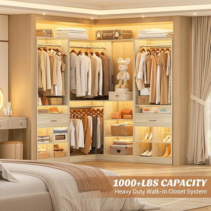 Unikito 86" Corner Closet System, Modular Closets Organizer with 4 Hanging Rods and 2 Drawers, Freestanding Adjustable Wood Clothes Garment Rack with Storage Shelves, White Oak