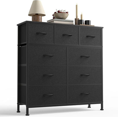 DUMOS 9 Drawer Dresser for Bedroom, Fabric Storage Organizer with Sturdy Metal Frame, Wooden Top Chest of Drawers for Closet Entryway Guest Room,Matte Black