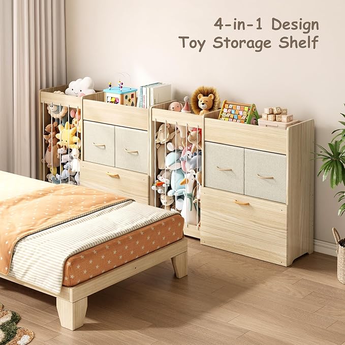 Toy Organizer and Stuffed Animals Storage, All-in-One Toy Shelf with Stuffed Animal Holder, 2 Drawers, Movable Toy Chest & Top Shelf, Solid Wood Bedroom Toy Storage Organizer