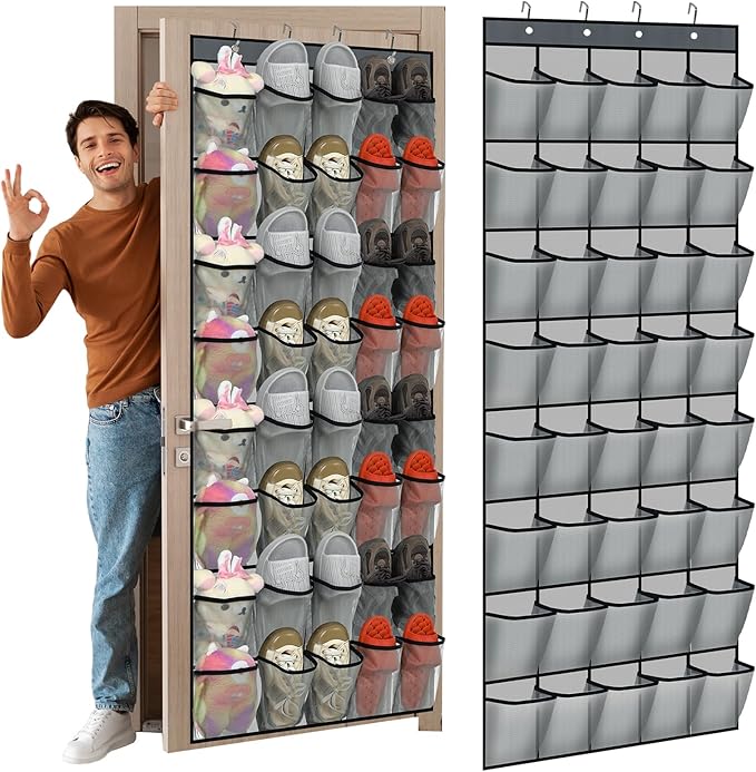 Windyun 40 Over The Door Shoe Organizer, Large Mesh Pocket Hanging Shoe Rack Hanger Large Capacity Gray Behind The Door Storage Holder for Dorm College Closet Entryway Bedroom Utility Room Women Men