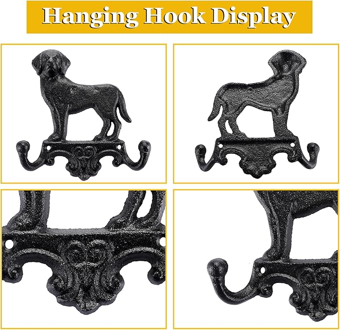 OwnMy Cast Iron Decorative Wall Coat Hook Cute Dog Hook, Vintage Dog Leashes Holder Key Holder for Walls, Heavy Duty Indoor Outdoor Double Wall Hooks for Hanging Towels, Hats, Potted Plants, Tools