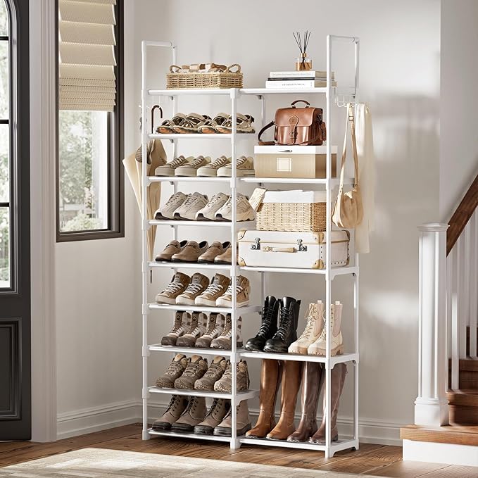 WOWLIVE 9 Tiers White Shoe Rack for Closet Shoe Rack Storage Organizer for Entryway 30-35 Pairs Stackable Shoe Shelf for Front Entrance Metal Pipes with Plastic Connectors