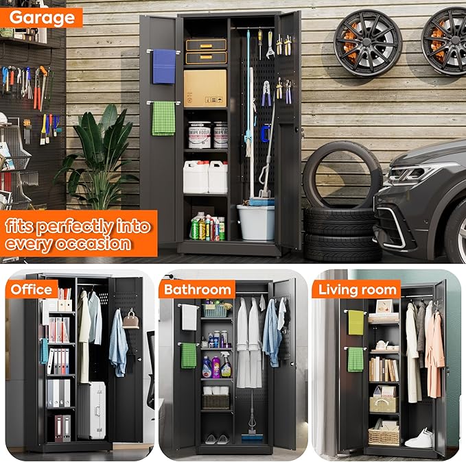 Aobabo Broom Closet Storage Cabinet, Lockable Garage Storage Cabinet for Home Garage, 61.61" H×27.55" W×13.77" D, Assembly Required, Black