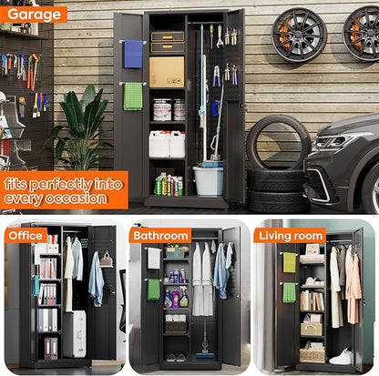 Aobabo Broom Closet Storage Cabinet, Lockable Garage Storage Cabinet for Home Garage, 61.61" H×27.55" W×13.77" D, Assembly Required, Black