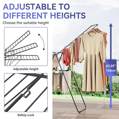 APEXCHASER Clothes Drying Rack, Foldable Oversized Drying Rack Clothing with U-Shaped Foot Cover, Height-Adjustable, Multi-Bar Laundry Rack, Indoor Outdoor Use, 20.47" D x 70" W x 42.52" H, Jet Black