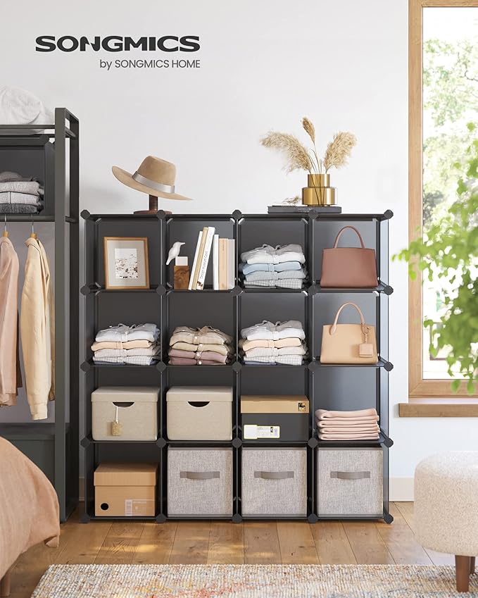 SONGMICS Cube Storage Organizer, Set of 16 Plastic Cubes, Book Shelf, Closet Organizers and Storage, Room Organization, Bedroom Living Room, 12.2 x 48.4 x 48.4 Inches, Gray ULPC442G01