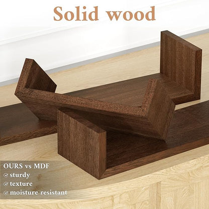 SRIWATANA Floating Shelves Wall Mounted, Solid Wood Wall Shelves Set of 3, Dark Brown…
