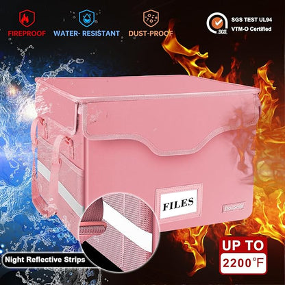 DocSafe Fireproof Document Box with Lock,File Storage Organizer with Zipper Pockets,Collapsible Portable File Box Home Office Safe Filing Cabinet with Handle for Hanging Letter/Legal Folder,Pink