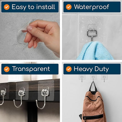 GLUIT Adhesive Large Wall Hooks for Hanging Heavy Duty 22 lbs Hooks for Walls No Drill, Towel Sticky Clear Hooks, Waterproof, Home, Bathroom, Kitchen, Office, and Outdoor 40 Pack