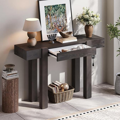 RUNNA Rustic Minimalist Console Table with Hidden Drawer, Side Power Outlet,Wood Entryway Table for Entryways, Living Rooms and Home Offices (Espresso#18)