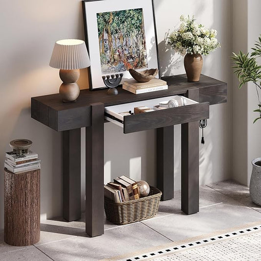 Rustic Minimalist Console Table with Hidden Drawer, Side Power Outlet,Hallway Table for Entryways Living Rooms Home Offices (Espresso#USB)