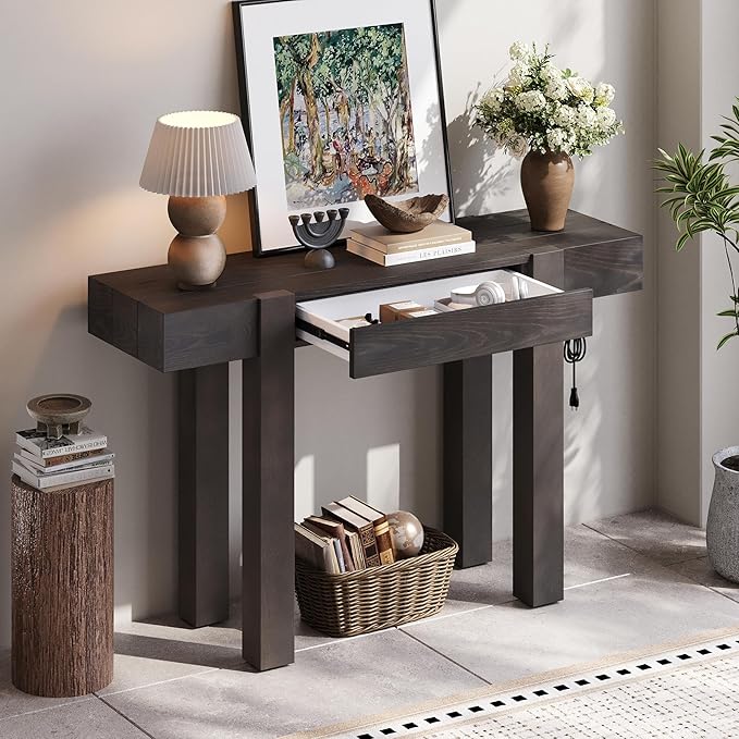 Quarte Rustic Minimalist Console Table with Hidden Drawer, Side Power Outlet,Wood Entryway Table for Entryways, Living Rooms and Home Offices (Espresso/R1)