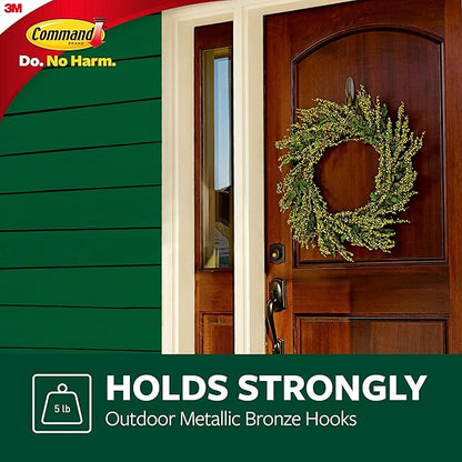 Command Outdoor Large Bronze Hooks, Holds 5 lb, 3 Hooks 4 Strips, Damage-Free, Weather Resistant for Hanging Decor