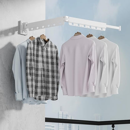 Clothes Drying Rack, Retractable and Foldable Laundry Drying Rack Wall Mount for Indoor, Space Saver Clothes Hanging Rack for Laundry Room, Balcony, Closet, Bedroom(Double-Fold),White