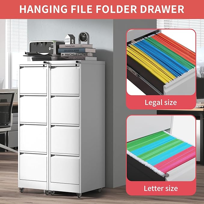 4 Drawer Mobile File Cabinet with Lock,White Metal Filing Cabinets with Wheels,Vertical File Cabinet for Home Office,Heavy Duty Rolling Storage Cabinet for A4/Letter/Legal Size,Assembly Required